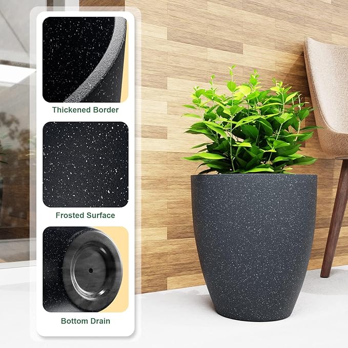 QCQHDU Plant Pots Set of 2 Pack,10 Inch Plant Pot for Indoor and Outdoor Plants with Drainage Hole,Flower Pots Modern Decorative Planter for Garden Plants (Black)