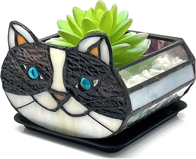 Cactus Black Cat Planter, Cute Small Stained Glass Cat Planter,Cat Terrarium Planter for Tabletop Houseplants,Gifts for Cat Lovers 4.33x3.54x2.95 in (Flower Pot Does not Include Plants)