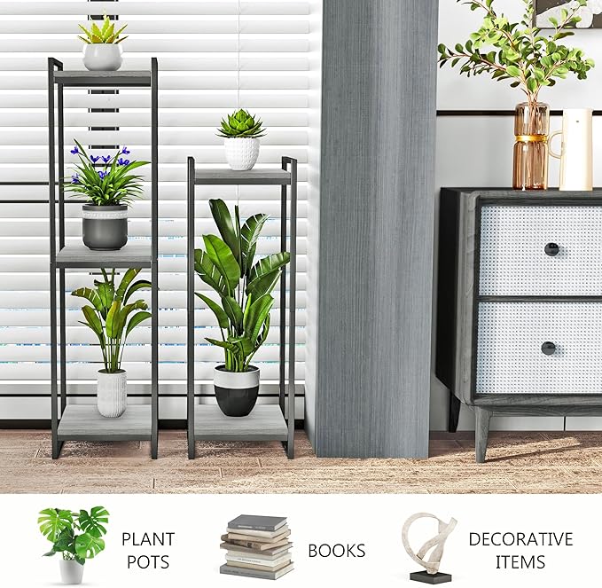45" Tall Plant Stand Indoor, 3-Tier Modern Plant Shelf Corner Flower Pot Holder Organizer for Living Room Balcony Garden, Oak Grey