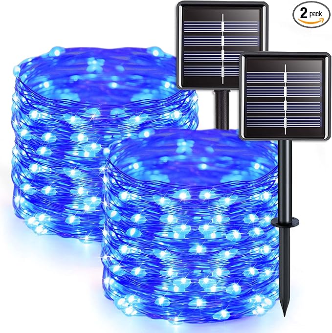 JMEXSUSS 2 Pack Blue Solar String Lights Outdoor Waterproof, Each 33ft 100 LED Solar Fairy Lights, 8 Modes Copper Wire Mini Christmas Light for Outside Patio Garden Tree Christmas Decorations