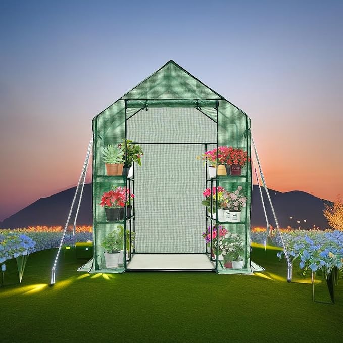 Walk-in Greenhouse w/ Roll-Up Zipper Door & Screen Windows-3 Tiers 12 Shelves 56x56x76β PE Greenhouse for Outdoor Gardening Plants Cold Frost Protection Wind Rain Proof(PLGHW002G-N)