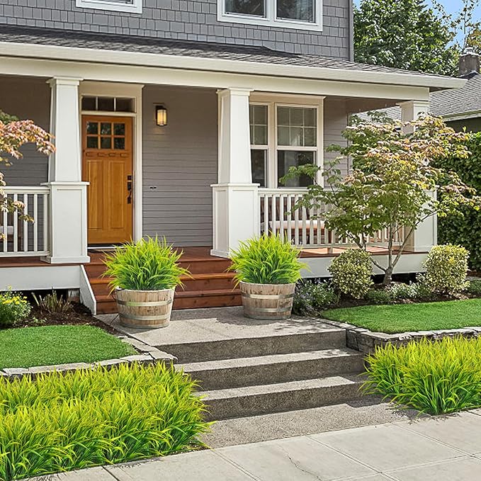 Ouddy Decor 16 Bundles Artificial Plants Outdoor Fake Grass Greenery Stems UV Resistant Faux Plastic Plants Shrubs for Spring Summer Home Garden Pathway Window Box Front Porch Decor, Yellow