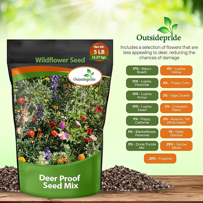 Outsidepride Deer Proof Wildflower Seed Mix - 5 lbs. Colorful Blend of Easy to Grow, Drought-Tolerant Annual & Perennial Wildflower Seeds for a Deer-Free,Vibrant Meadow & Pollinator-Friendly Garden