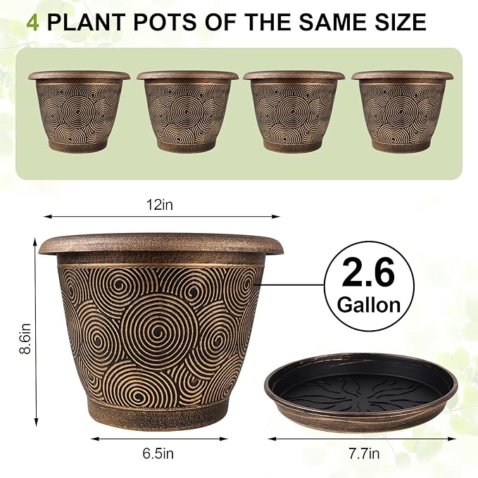 12 Inch Large Planter Pot for Plants Indoor Outdoor, 4 Pack Plastic Flower Pots with Drainage Hole & Tray, Modern Decorative Garden Pot with Saucer, Plant Container for House