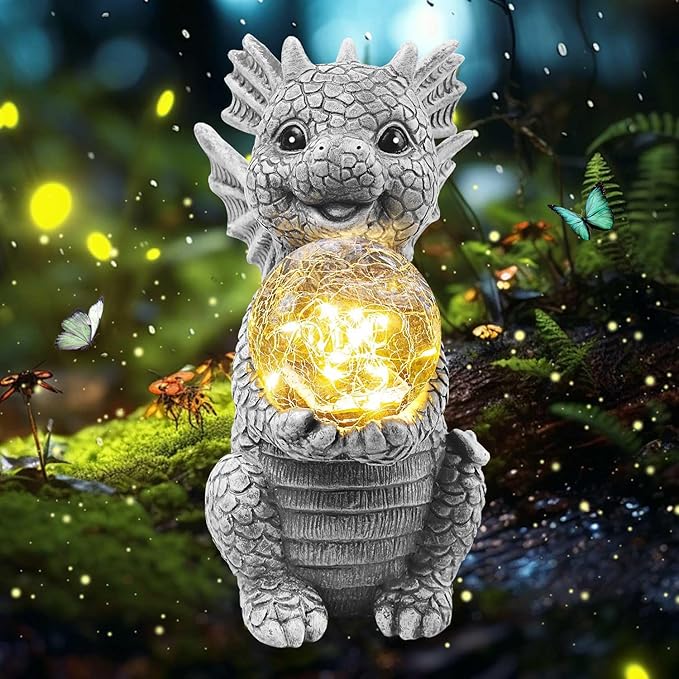 Solar Garden Outdoor Statues 7.2" Resin Dragon Statues Holding Magic Ball with Solar Lights,Lawn Decor for Patio, Balcony, Yard Ornament,Unique Gifts for Mom Grandma Housewarming