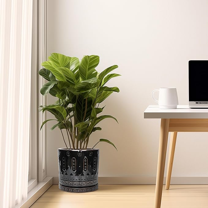 Ceramic Planter for Indoor Plants - 10 Inch Plant Pots with Drainage Hole and Saucer, Round Decorative Flower Pots Outdoor, Boho Large Planter, Room Decor, House Warming Gifts, Black