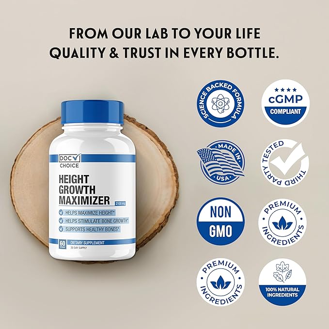 Doc Certfied | Height Growth Supplement | Natural Maximizer to Grow Taller & Initiate Bone Growth for Teens, Kids & Adults | Clinically Tested Ingredients That Work | 8 Powerful Ingredients - 60 Caps