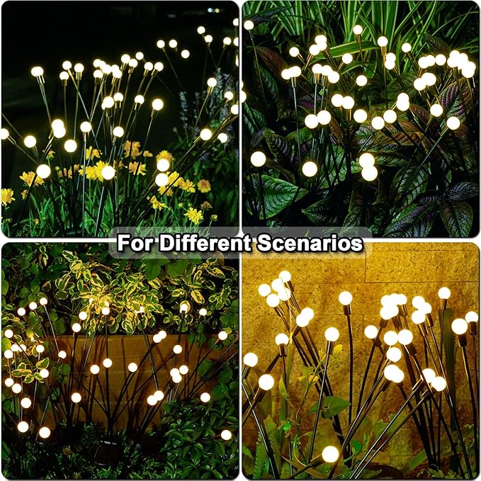 8Pack 64 LED Spring Solar Swaying Lights Outdoor Solar Powered Firefly Lights Garden Decor Waterproof Pathway Light Sway by Wind Landscape Lights Warm Yellow for Pathway Lawn Patio Courtyard Decor