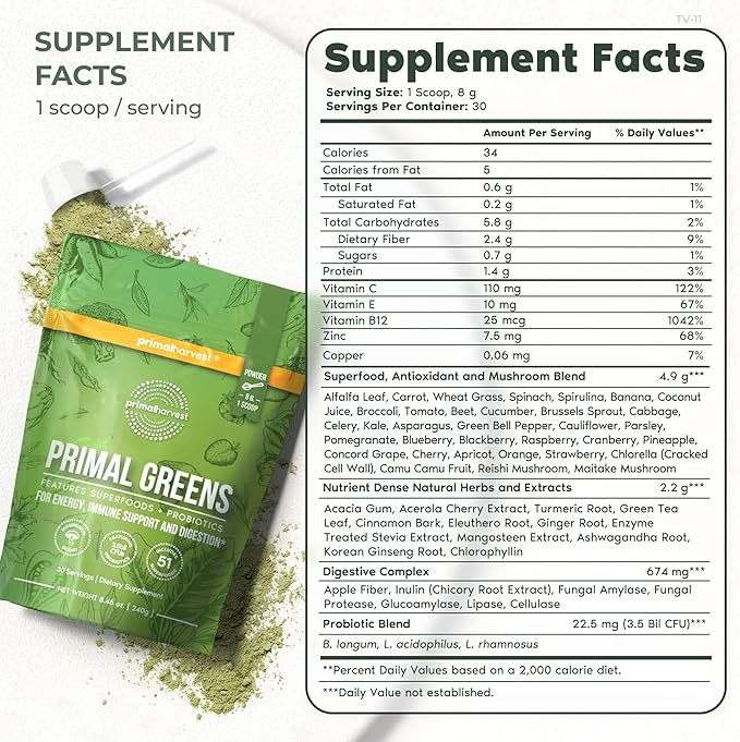 Primal Harvest Super Greens Powder, 30 w/+50 Greens