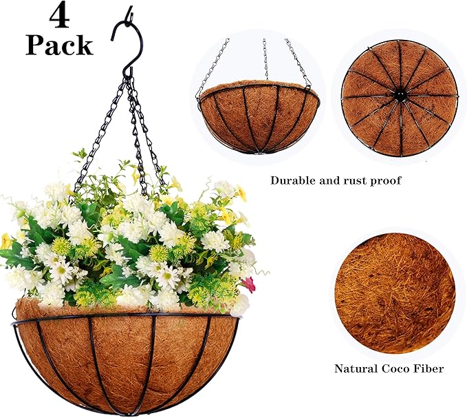 Hanging Planters Basket Outdoor Indoor(14 inch 4 Pack)-Coconut Coir Hanging Baskets for Plants Outdoor,Metal Wire Baskets with Coco Liner Window Box Planters, hanging Flower Pots For Railingsā¦