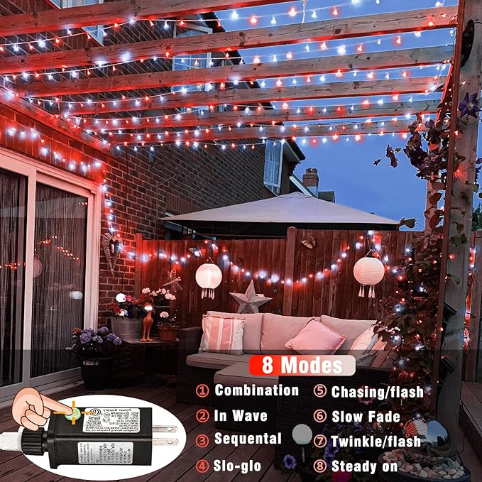 100 LED Christmas Lights Outdoor - 33ft Christmas String Lights 8 Modes Plug in Waterproof Twinkle Fairy Lights with Timer Memory for Indoor Outside Bedroom Home Party Decoration, Red&White