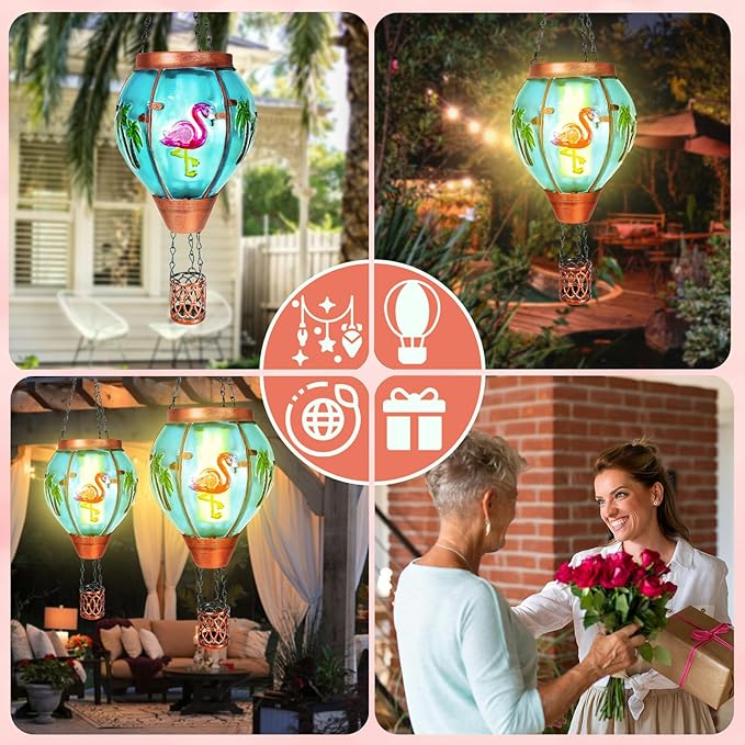 2 Pack Solar Hot Air Balloon Lantern With Flame, Flamingo Glass Solar Outdoor Lights for Patio Garden Decor, Gifts for Women Grandma Mom