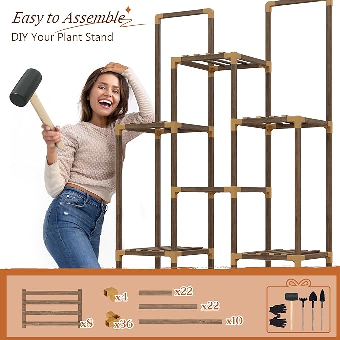 EnHomee Double Rod Tiered Plant Stand Indoor Wood Plant Shelves for Multiple Plants Stands with 8 Potted Load-Bearing 360 LBS 34.2''W*11.8''D*47.4''H