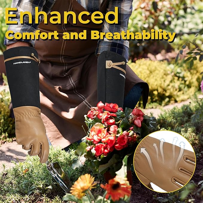 HANDLANDY Long Gardening Gloves for Men & Women, Cowhide Leather Rose Pruning Gloves, Breathable Thorn Proof Gauntlet Gloves (Brown-Cowhide, XL)