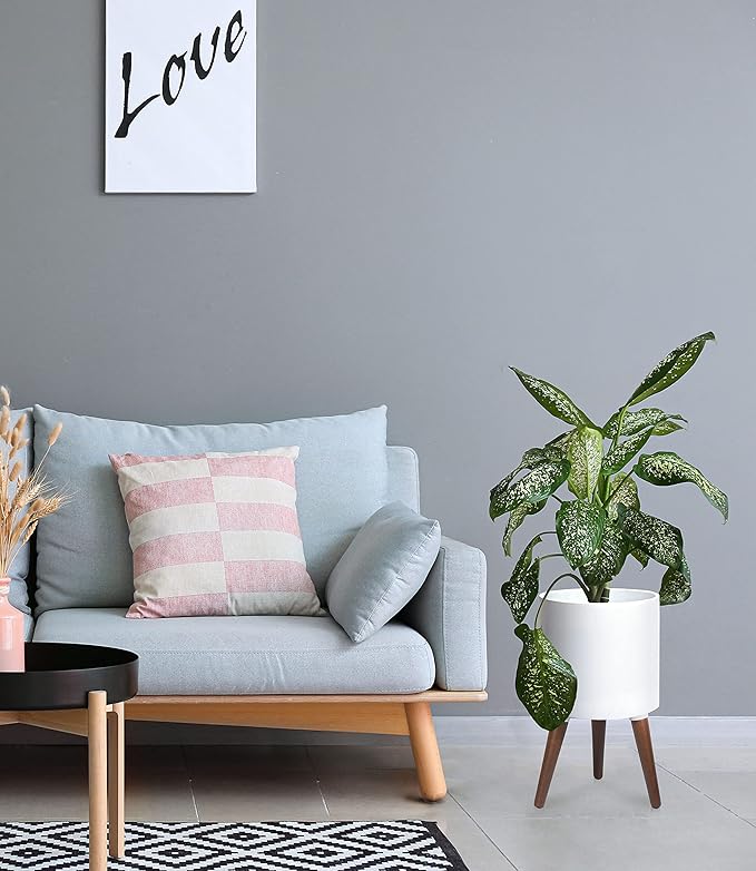 D'vine Dev 10 Inch Planter Pot with Stand, Mid-Century Tall Plant Pot with Legs for Indoor Plants, Medium, White, 88-O-B-1