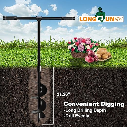 Heavy-Duty T-Shaped Hand Drill Auger Post Hole Digger with Non-Slip Handle - 4" & 6" x 38" Spiral Drill Bit for Planting Bulbs, Trees, Fences, Umbrella Holes in Garden & Soft Soil