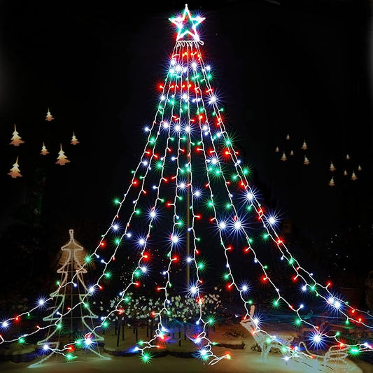 BlcTec Outdoor Christmas Lights 344 LED Christmas Star Lights with 9 Strands 11.9ft Waterfall Tree Lights, 8 Modes, Waterproof & Timer for Garden Yard Patio Outdoor Xmas Decorations,Red Green White