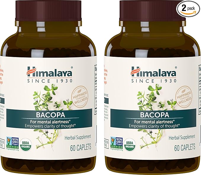 Himalaya Organic Bacopa Monnieri Nootropic Herbal 750 mg, 60 Plant-Based 2 Pack, 120 Day