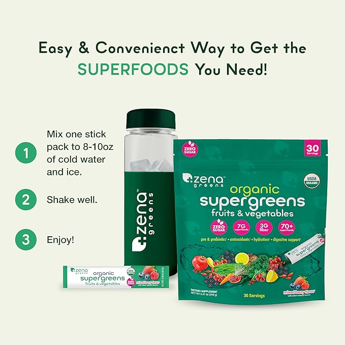 Zena Greens Organic Supergreens Powder 30 8g 8g Sticks |70+ Superfood 3G Fiber 0 Sugar