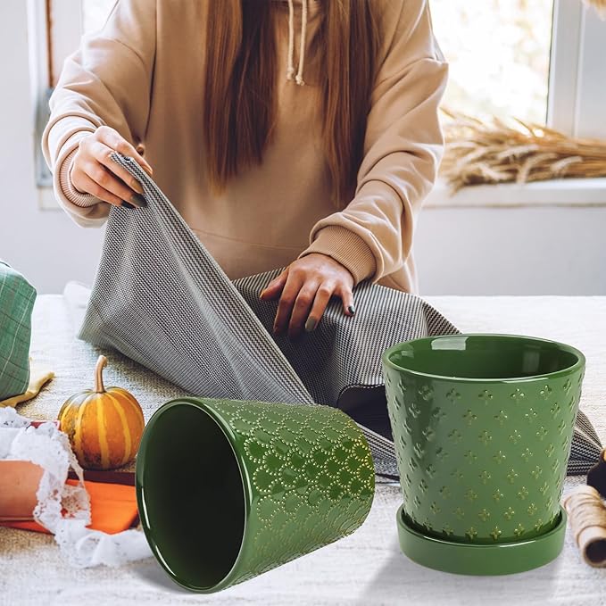 EFISPSS Ceramic Plant Pots, 5 Inch Planters with Drainage Holes and Ceramic Tray, Relief Design Flower Planter,Desktop Office Windowsill Decoration Gift Set of 4 - Blackish Green