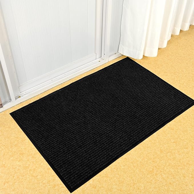 fani Heavy Duty Jet Black Striped Floor Door Mats Entryway Mats Outdoor Indoor Entrance Doormat Waterproof Low Profile Home Rug with Anti-Skid Rubber Back (Jet Black, 23" x 35")