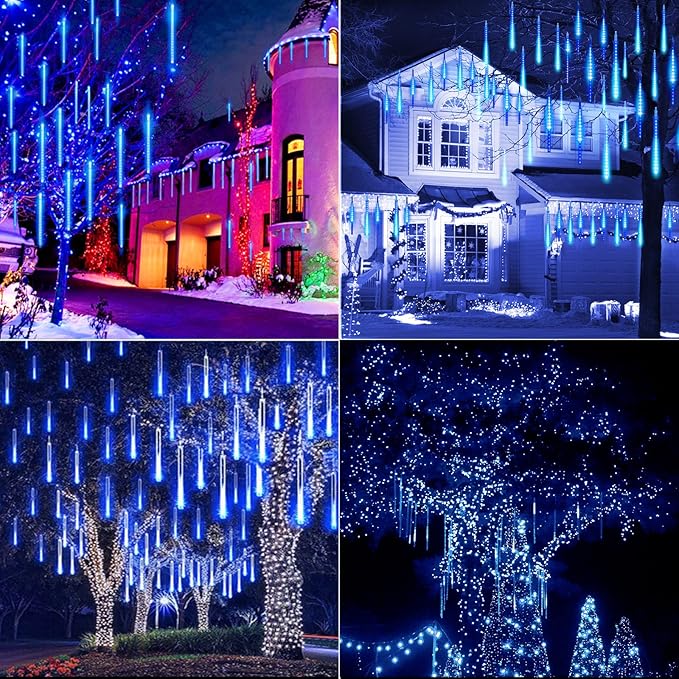 Meteor Shower Lights 20 Tubes 16 Inch 720 LED Solar Christmas Lights Outdoor Waterproof, Snow Cascading String Lights for Outside Christmas Halloween House Tree Decoration, Blue