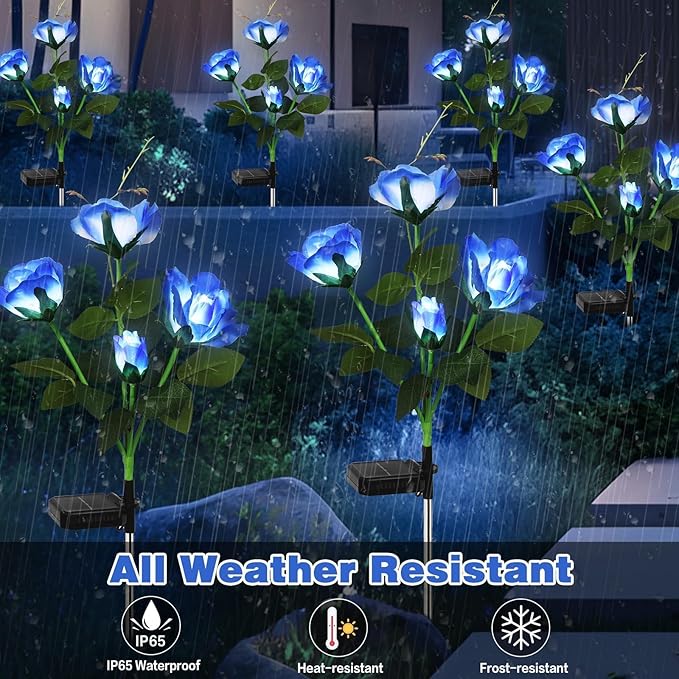 Solar Garden Lights Outdoor, 6 Pack Solar Flower Lights Outdoor Waterproof with 24 Rose, 2 Modes Realistic Rose Flower for Yard, Pathway, Garden Decor & Gardening Gift