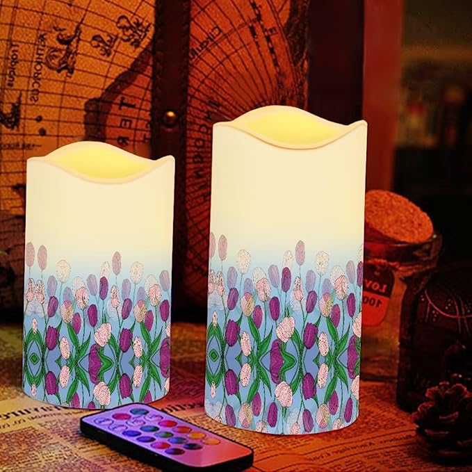 Ystardream Purple Tulips Flameless Candles with Timer Led Candles Flickering 4 Candle Sets for Home Decor,18 Key Remote Control,Dancing Flame, True Wax, Battery Power