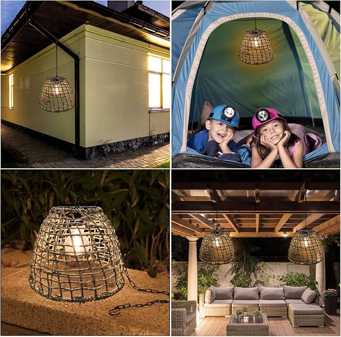 Outdoor Solar Hanging Lantern, Natural Seeweed Rattan Bamboo Woven Porch Patio Gazebo Pendent Chandelier Light Decorative Solar Powered Hanging Lamp for Front Door Garden
