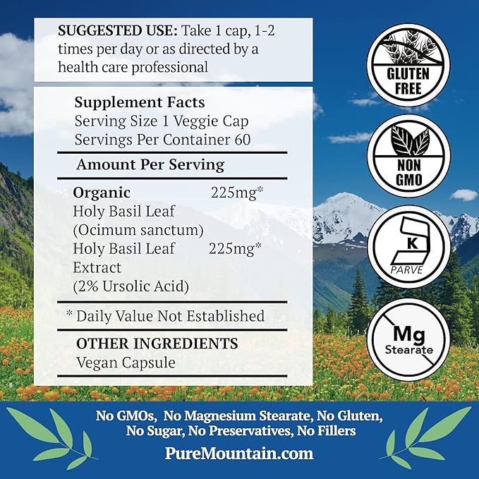 Pure Mountain Botanicals Holy Basil Capsules 450mg Organic