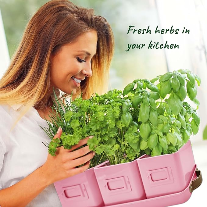 Herb Planter Indoor - Set of 3 Pink Indoor Herb Garden Pots for Plants with Leather Handled Tray - Window Sill Plant Shelf - Herb Pots with Drainage Holes and Labels