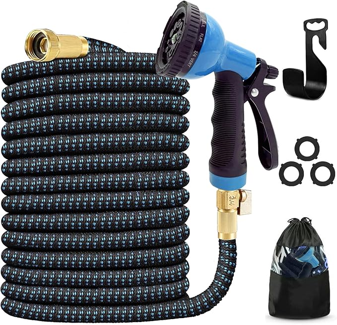 J&B XpandaHose 100ft Expandable Garden Hose with Holder - Heavy Duty Superior Strength 3750D - 4 -Layer Latex Core - Extra Strong Brass Connectors and 10 Spray Nozzle w/Storage Bag (Blue 100)