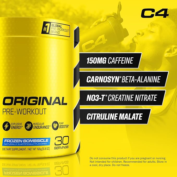 Cellucor C4 Original Pre Workout Powder Frozen Bombsicle Sugar Free Preworkout Energy for Men & Women 150mg Caffeine + Beta Alanine + Creatine - 30 Servings (Packaging May Vary)