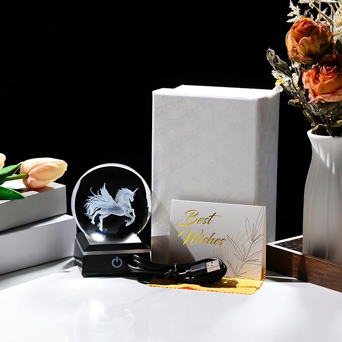 Qianwei Unicorn Gifts for Women 3D Crystal Ball 3.14'' - 80mm Laser Unicorn Decor Glass Animals Unicorn Gifts Figurines Statue Stuff for Room Decorations Unicorn Night Light