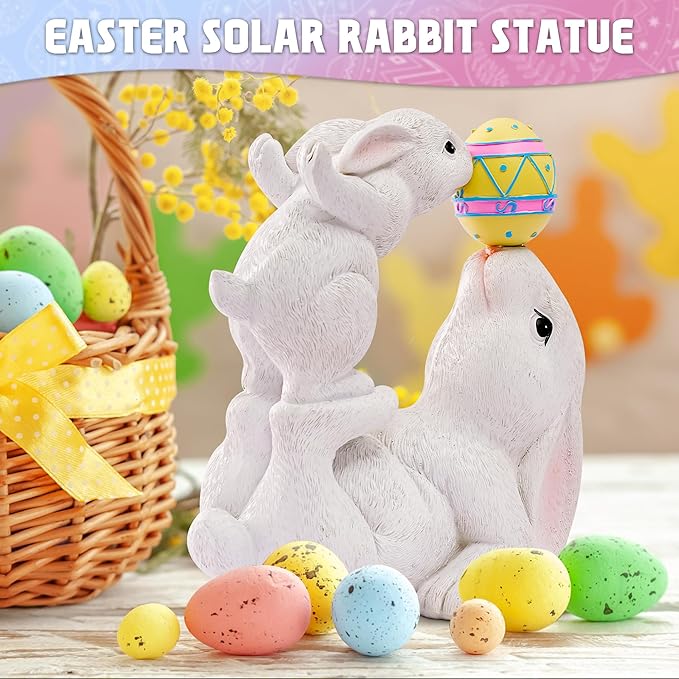 Easter Bunny Decor Solar Garden Outdoor Statues with Easter Egg LED Lights โ Garden Rabbit Statue Outdoor Yard decorations for Patio,Lawn,Ornaments โ Unique Easter Gifts for Birthday,Women,Mom