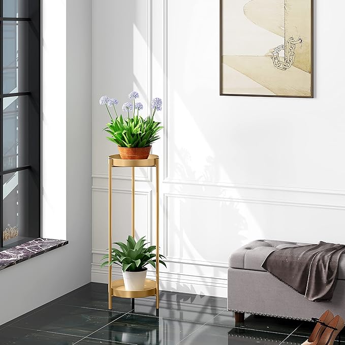 2 Tier Metal Flower Plants Holder with 2 Removable Display for Indoor or Outdoor,Pot Plant Planter Display (Gold 2P)