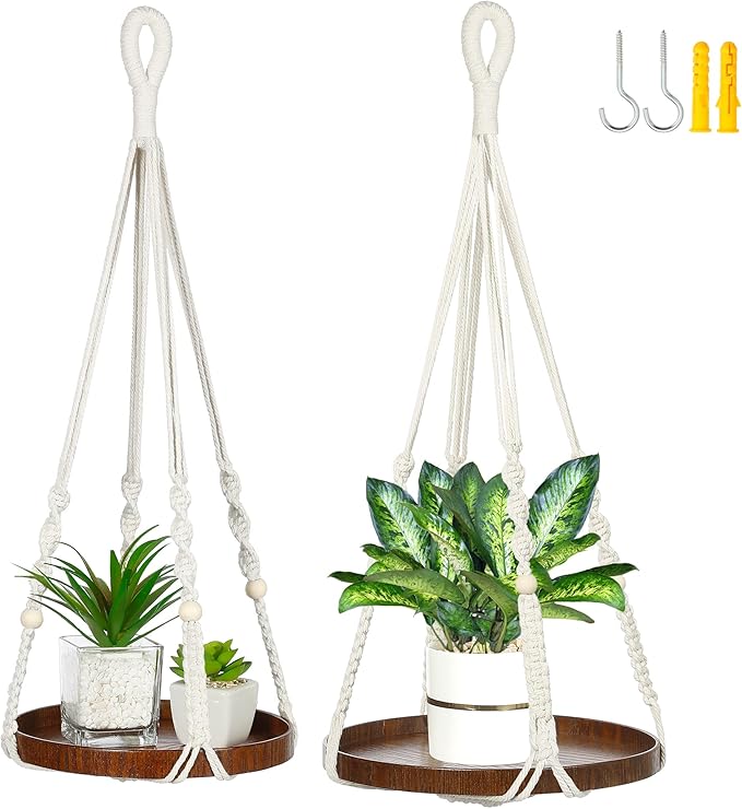 2 Pack Macrame Plant Hanger | Plant Hanger Indoor, Hanging Planter Shelf | Hanging Planter (Beige) (1 Large + 1 Medium)