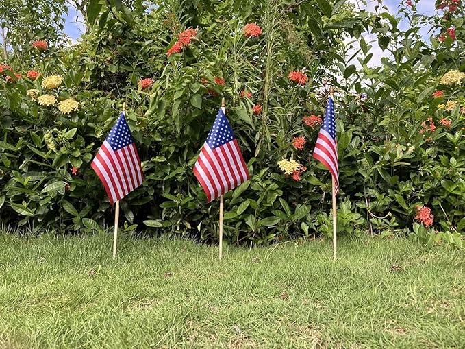 Pack of 50 American Flags with wood Stick, 12x18 Inch US Flags/American Hand Held Stick Flags with Kid-Safe Spear Top, Perfect for Patriotic Decorations, Parades, Veteran Party