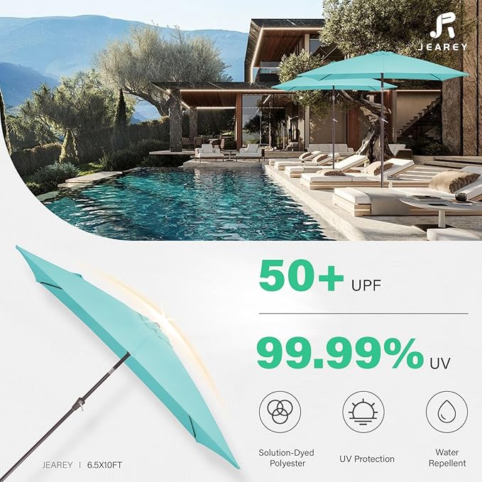 JEAREY 6.5x10 ft Rectangular Patio Umbrellas Outdoor Market Umbrella with Push Button Tilt and Crank, Rectangle Table Umbrella 6 Sturdy Ribs UV Protection for Pool Garden Backyard Deck, Peacock Blue