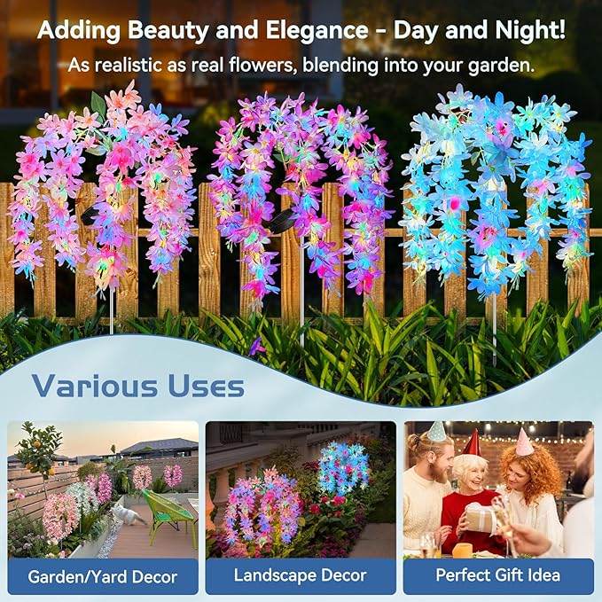 Neporal Solar Flowers Outdoor Waterproof IP65, 5 Lilac Flower Vines with 140+ Flowers, 2 Lightning Modes &Enlarged Solar Panel, 3PK Blue/Pink/Purple Solar Garden Lights Outdoor for Garden, Yard Decor