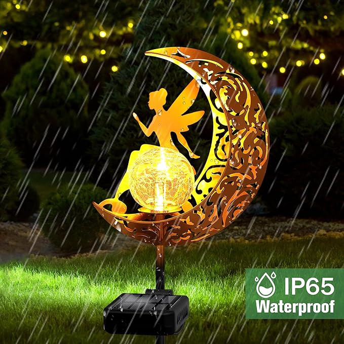 YJFWAL Garden Solar Lights Pathway Stake Lights Moon Fairy Glass Globe with Angel Decor, Outdoor Decorative Lights Waterproof for Walkway, Yard, Lawn, Patio or Courtyard Halloween Decor(Warm White)