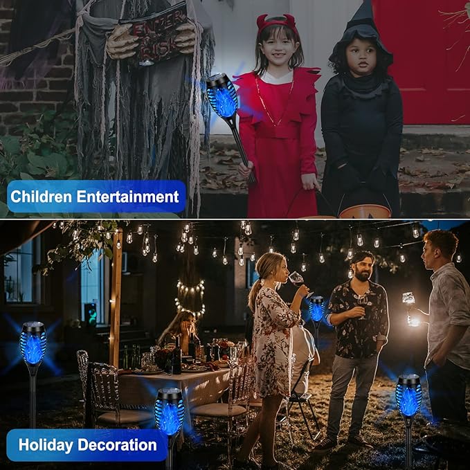 Solar Lights Outdoor, Upgraded 6 Pack Blue Solar Torch Light with Flickering Flame Waterproof for Garden Decor, Flame Torches for Outside Landscape Porch Yard Pathway Decorations