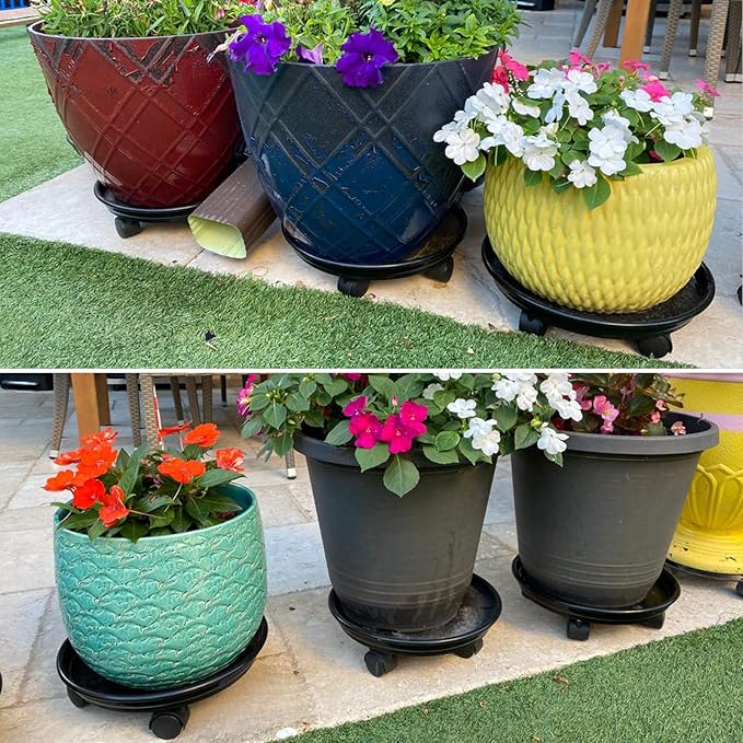 8 Packs Plant Caddy with Wheels 11.8" Plastic Rolling Plant Stands Heavy-Duty Plant Dolly with Casters Indoor and Outdoor Plant Roller Base Large Heavy Plant Pot Saucers with Wheels, Black + Brown