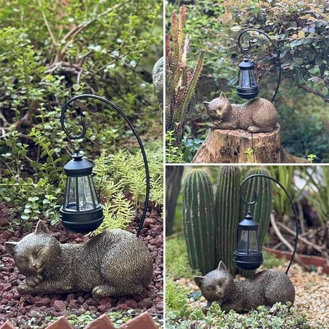 Resin Cat Statue with Solar Lantern, Eye-catching Garden Sculpture & Lawn Decor, 13" Height Outdoor Cat Figurine for Garden Yard Patio Porch Decorations, Cat Statues Outside Ornament