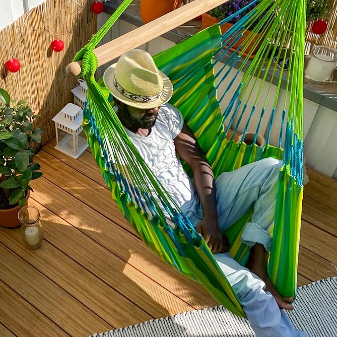 LA SIESTA® - XL King Domingo Hammock Swing Chair & CasaMount - Weather & Tear Resistant Hanging Chair - Outdoor Indoor Hammock Chair w/Suspension Kit for Walls Ceilings Square Beams - Lime