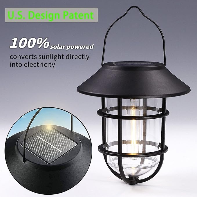 Solar Outdoor Hanging Lights, Waterproof Metal Solar Lanterns with Clear Glass, LED Edison Bulbs Decorative Wall Lanterns with Hooks, No Wiring Required, 2 Pack