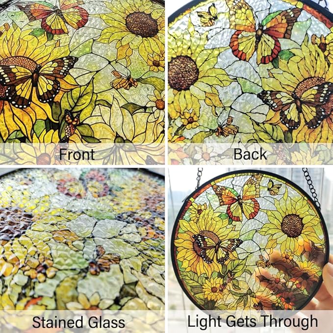 Sunflower Decor Suncatcher Stained Glass Window Hanging - Butterfly Stained Glass Suncatchers for Windows - Sun Catchers Indoor Window with Chain and Hook - Sunflower Gifts for Women Mom Teacher Gift