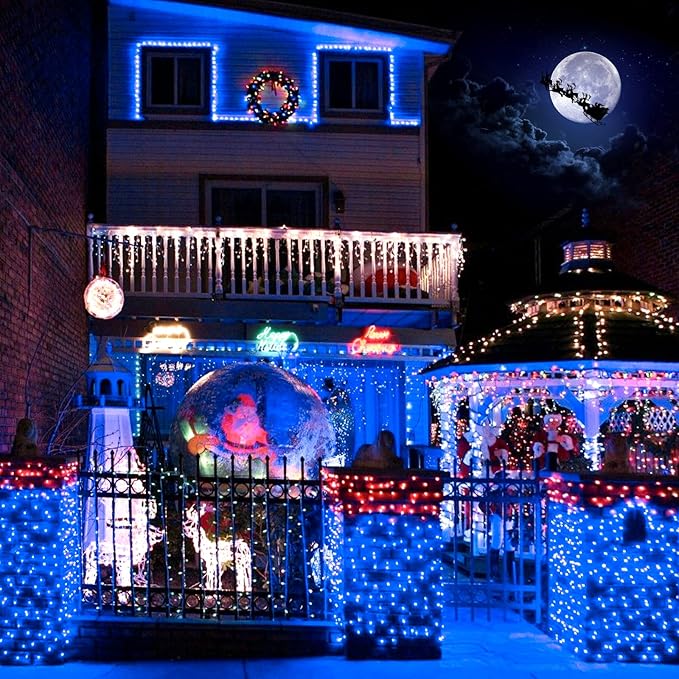 2 Pack Blue Solar Christmas Lights Outdoor Waterproof, Each 42.7 ft 100 LED Solar Powered String Lights, 8 Modes Solar Twinkle Lights for Garden Yard Patio Tree Porch Christmas Decorations