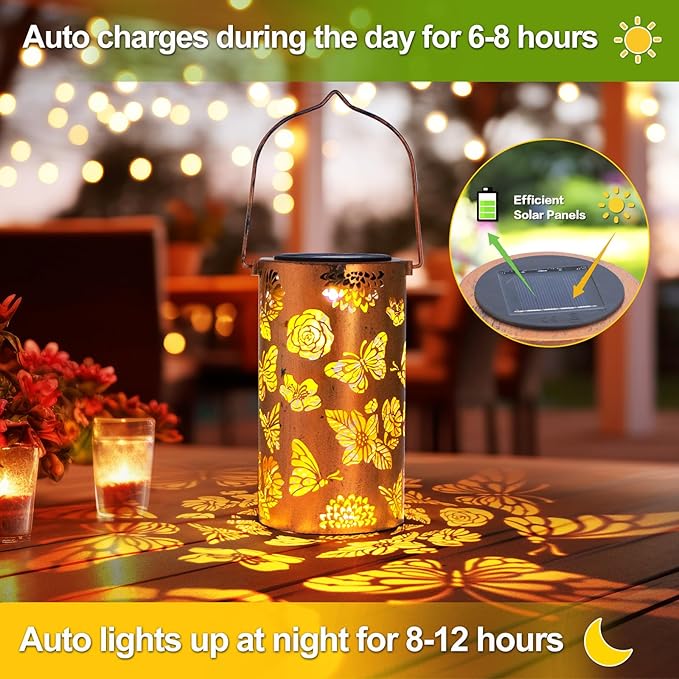 2 Pack Butterfly Solar Gardening Gifts Lanterns Decorative Outdoor, Flower Pattern Solar Hanging Lights Waterproof, Garden Decor Gifts for Women Mom Grandma, Yard Gifts for Patio, Pathway