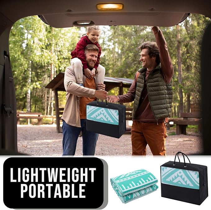 OLANLY Outdoor Rug Waterproof 4x6 ft, Reversible Outdoor Plastic Straw Rug, Boho Patio Rug, Indoor Outdoor Carpet, RV Mat Outside for Patio, Camp, Picnic, Balcony, Deck, Backyard, Turquoise & White